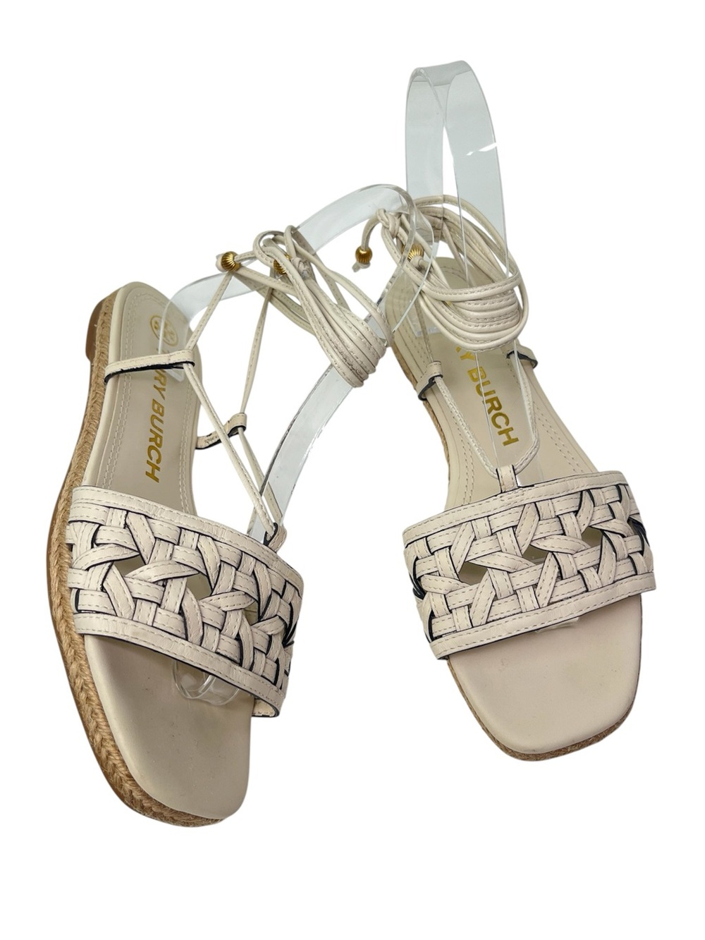 Tory Burch Leather Basketweave Flat Espadrille Ankle Wrap Cream Sandals